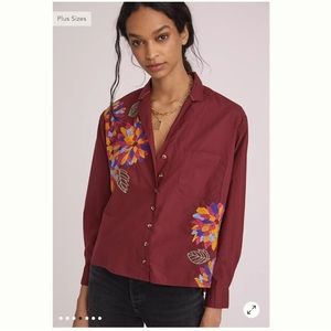 Maeve by Anthropologie Embroidered Button Down Shirt in Maroon, Size 2